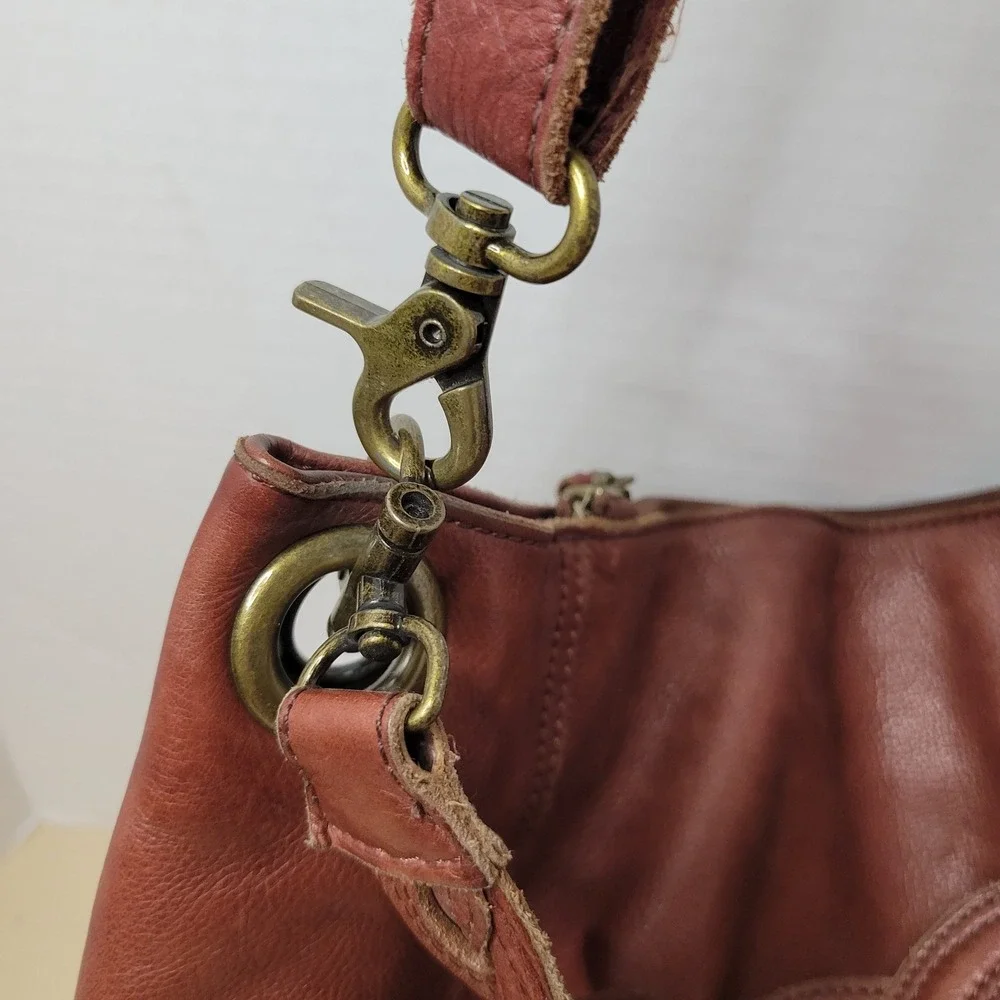 Lucky Brand Brown Leather Hobo Bag Braided Handle Crossbody Cognac Clover Charm